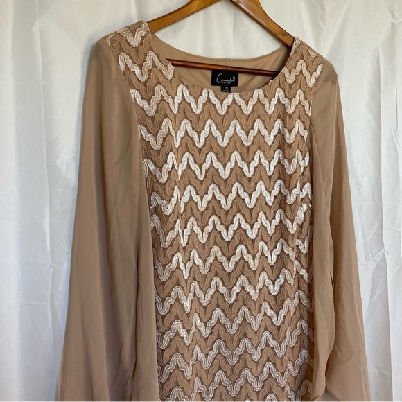 CONNECTED APPAREL Women’s Tan Cream Lace Sheath Dress Flowy Long Sleeve Size 8 - Picture 3 of 14